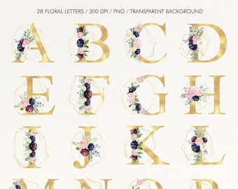 Floral Gold Alphabet Clipart: Navy, Blush, Burgundy Roses (Digital Download)