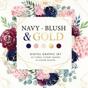 Navy, blush, burgundy and gold watercolor, floral, digital set.