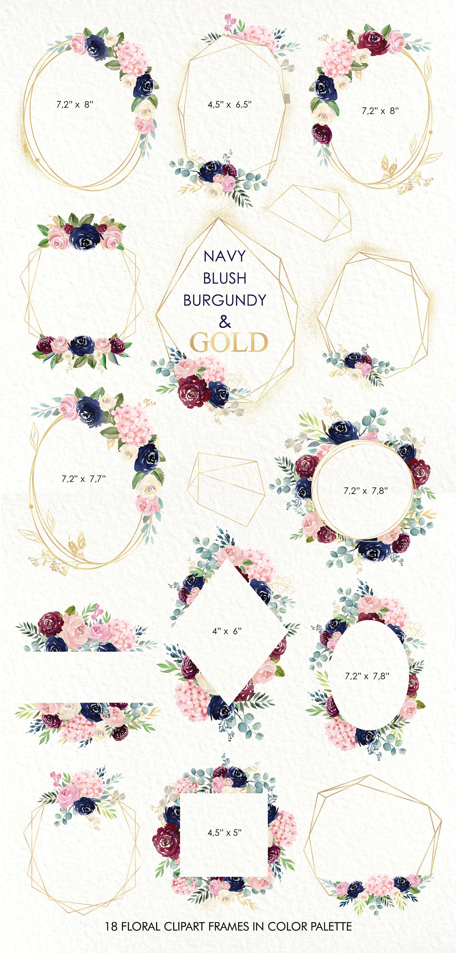 Navy Blush Burgundy and Gold Watercolor Floral Digital | Etsy