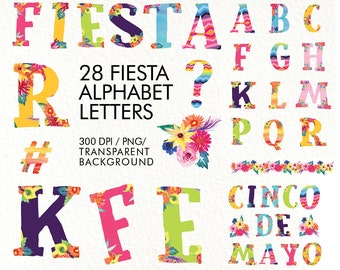 Fiesta Alphabet Letters: Watercolor Floral PNG Clipart & Papers (Digital Download)