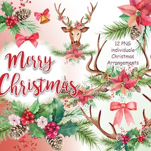 Watercolor Christmas Deer horns Clip art. Winter flowers. Watercolor Poinsettia, digital clip art antlers, hand painted flowers