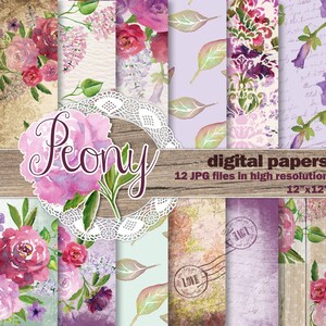 Watercolor Digital Hand Painted 12 Peony Scrapbook Papers, Watercolor flowers image 1