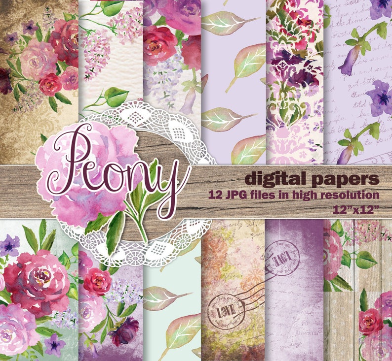 Watercolor Digital Hand Painted 12 Peony Scrapbook Papers, Watercolor flowers image 1