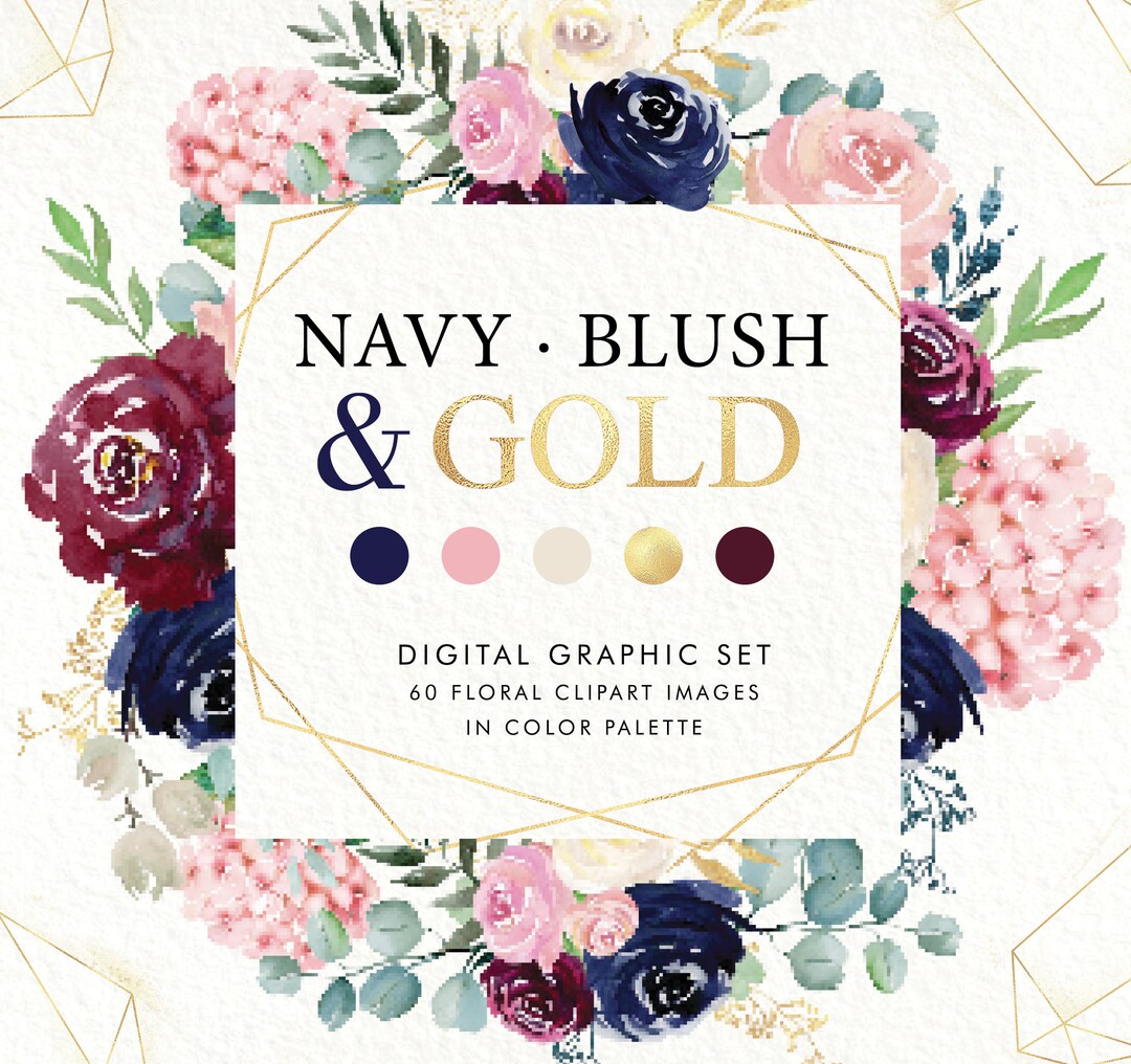 Navy, Blush, Burgundy and Gold Watercolor, Floral, Digital Set. - Etsy