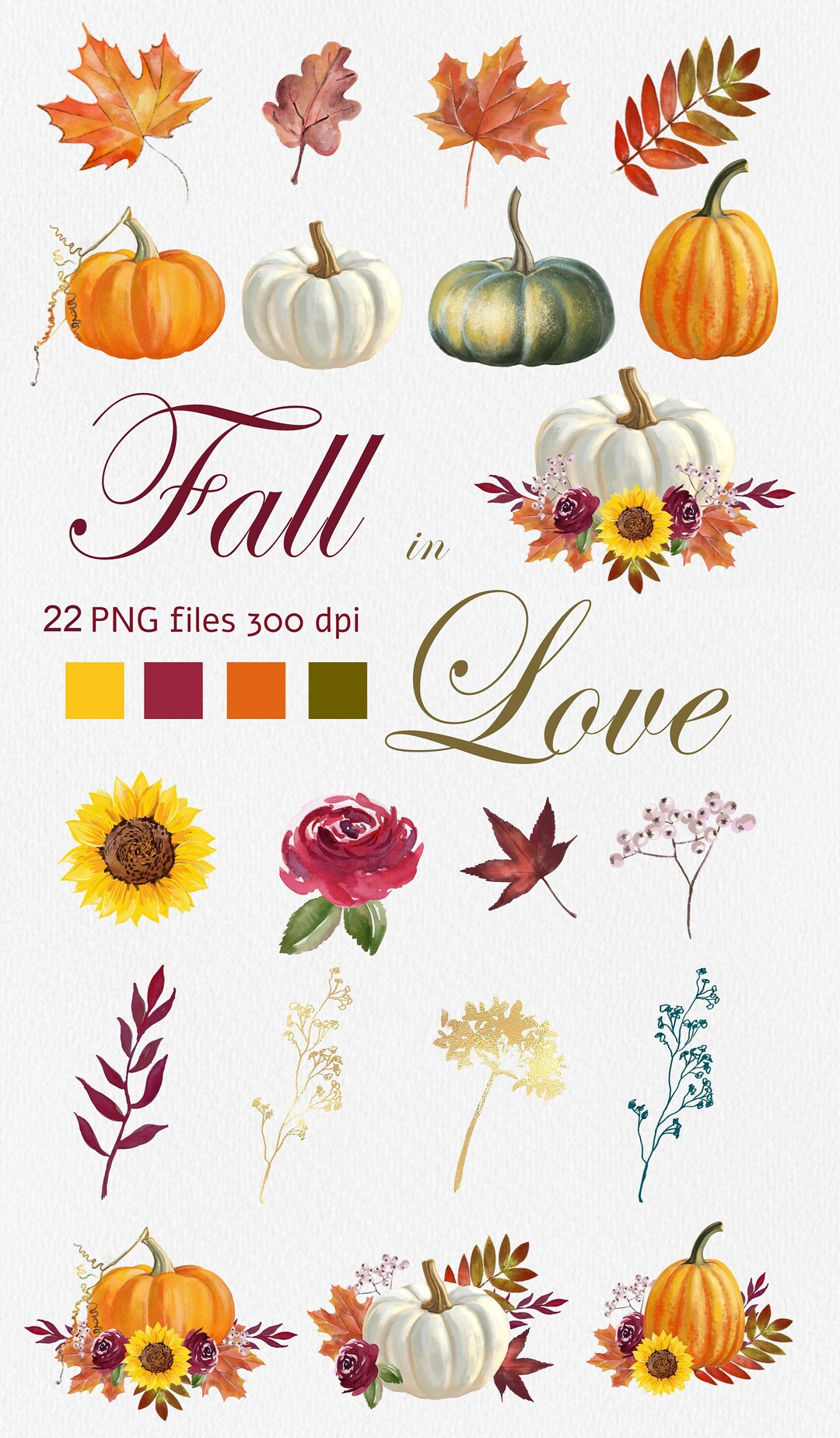 Fall Clip Art / Pumpkins and Leaves / Autumn Flowers / Fall Flowers ...