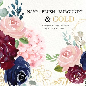 Marine, blush, aquarelle bordeaux et or, clipart floral.