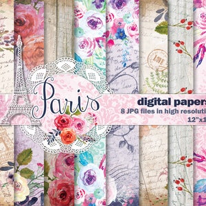 Watercolor Digital papers, Hand Painted Watercolor Scrapbook Papers, 8 Paris Inspired Digital Watercolor papers