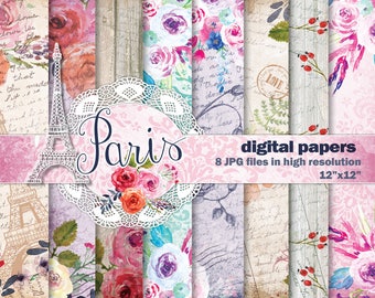 Watercolor Digital papers, Hand Painted Watercolor Scrapbook Papers, 8 Paris Inspired Digital Watercolor papers