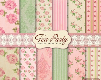 Tea Party Digital Papers, 12 Shabby Chic Digital Papers, Retro Scrapbook Digital Papers For invites, card making, digital scrapbooking