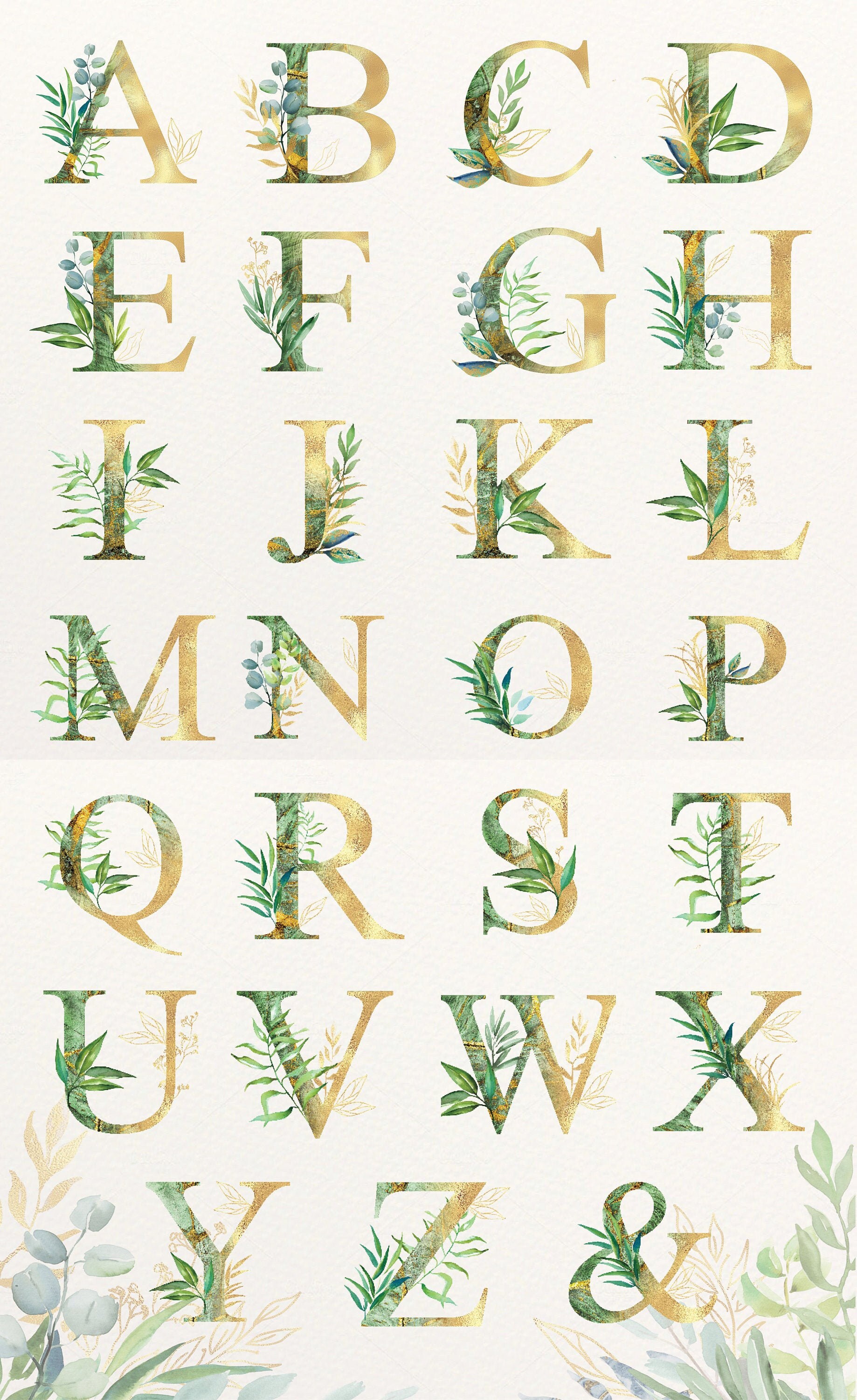 Greenery Gold Alphabet Clipart: Watercolor Leaves (Digital Download)