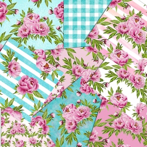 Rosa und Aqua blaue Pfingstrose Aquarell nahtlose digitale Muster 12x12. Frühling Pfingstrosen Scrapbook Papiere
