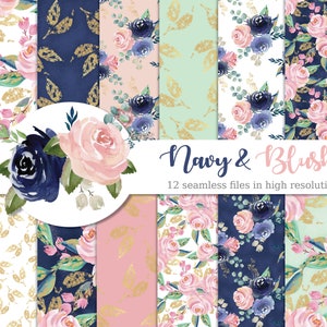 Carte digitali Navy e Blush, senza cuciture, acquerello, floreali, digitali.