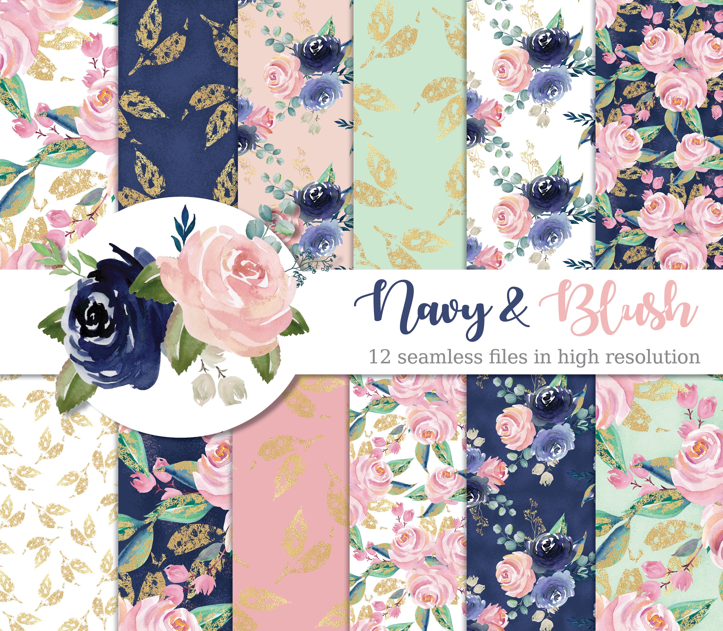 Navy and Blush Digital Seamless Watercolor Floral Digital - Etsy
