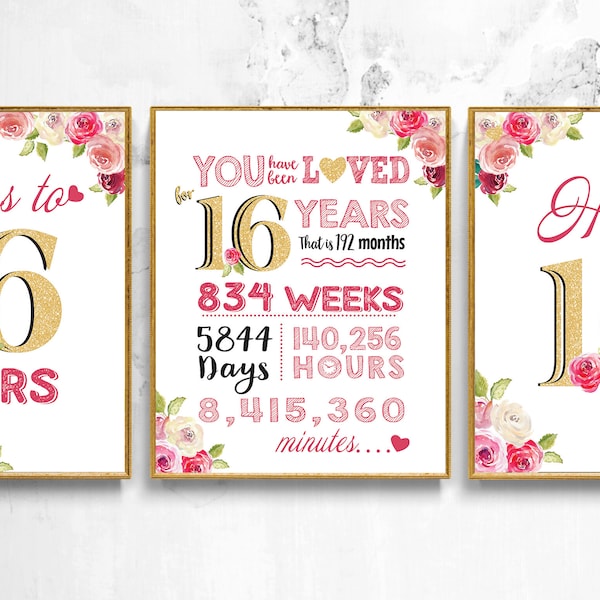 16th Birthday Signs Bundle. You Have Been Loved 16 Years. Birthday PRINTABLE Sign