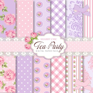 12 Shabby Chic Tea party Pink and Lilac Digital Scrapbook Papers, 4 Cliparts for Invites, Card Making, Digital Scrapbooking