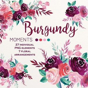 Bourgogne et Roses Roses. Image clipart aquarelle. Clip art de mariage, blush, sarcelle, rouge, merlot