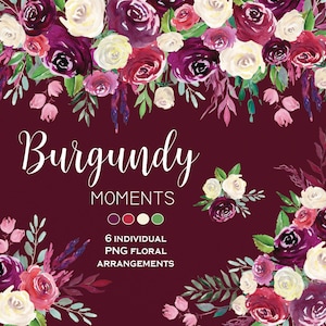 Bourgogne, Roses rouges et blanches. Clipart à l’aquarelle. Marsala Wedding flowers clip art, 6 arrangements floraux