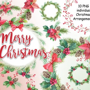 Acuarela, coronas de navidad, artes reales pintadas a mano, flores de invierno. PNG Clipart