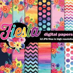 Mexican Fiesta Watercolor Digital Papers /  Mexican Flowers / 12 High Res Floral  Scrapbook Papers