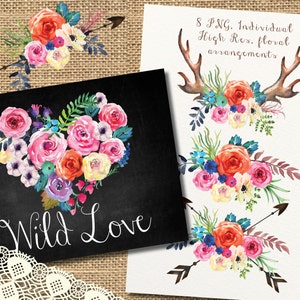 Watercolor flowers clipart, Deer horn and roses, Love heart , wedding clip art, digital clipart, hand painted bouquets