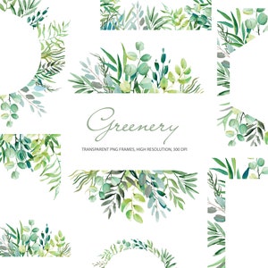 Aquarel Greenery Clip Art / Greenery Frames Aquarel Bladeren / Groen bruiloft clip art, 10 hand geschilderde individuele elementen