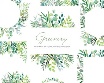 Watercolor Greenery  Clip Art  / Greenery Frames Watercolor Leaves  / Greenery wedding clip art, 10 hand painted individual elements