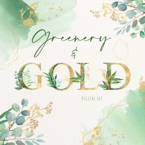 Groen en goud digitale kunst set / groene bladeren aquarel illustraties / groen bruiloft clipart / 55 handgeschilderde individuele elementen