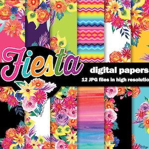 Fiesta aquarel digitale papieren/Mexicaanse bloemen/12 hoge resolutie bloemen scrapbook papieren