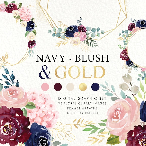 Navy Blush Burgundy and Gold GRAPHIC SET / NAVY and Blush Roses / Watercolor clip art / Geometry gold Frames.