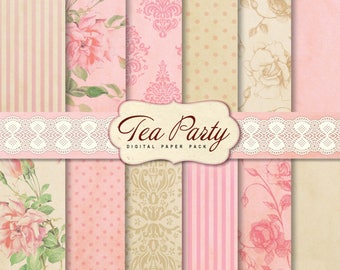 Tea Party Digital Scrapbook Papers, 12 Shabby Chic Digital Papers, for invites card making digital scrapbooking