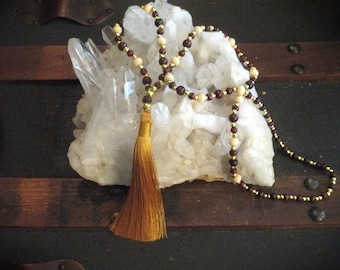 Tassel Necklace, Gold Silk Tassel, Wood Beads, 21" Long