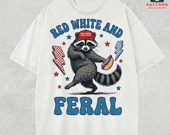 Red White and Feral Comfort Colors T-shirts, Youth Adult Patriotic Funny Raccoon Tee, 4th of July T-Shirt, Hotdog TShirt, Funny USA, Merica