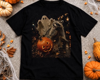 Raccoon Eating pumpkin Ghost Halloween comfort color Shirt, Funny Trick Or Treat Tshirt, Cute Costume Top, Spooky Season Gift, Retro Graphic