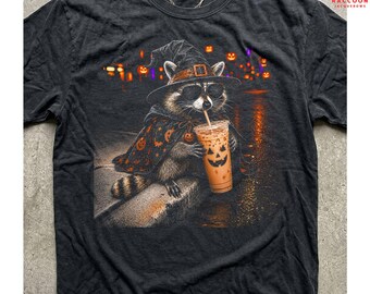 Halloween Raccoon Witch Iced Coffee Shirt, Funny Animal Meme Tee, Spooky Season Coffee Lover Gift, Comfort Colors Raccoon Design