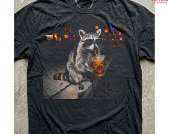 Raccoon Pumpkin Latte Shirt, Halloween Feral Animal Tee, Spooky Coffee Vibes, Comfort Colors Fall Graphic, Chaotic Witch Season Gift