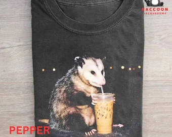 Youth + Adult Opossum Drinking Iced Coffee Comfort Colors T-shirts, Funny Meme Genz Dank Opossum Tee, Trendy Shirt, Gift For Him, GraphicTee