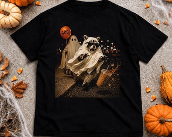 Ghost Raccoon Halloween comfort color T-Shirt, Funny Feral Halloween Tee, Spooky Iced Coffee Raccoon Shirt