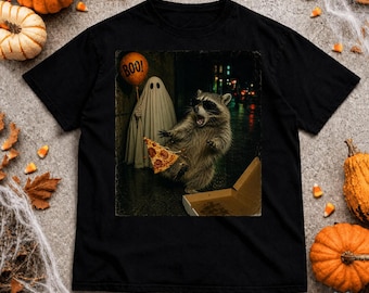 Raccoon Eating Pizza Ghost Halloween comfort color Shirt, Funny Trick Or Treat Tshirt, Cute Costume Top, Spooky Season Gift, Retro Graphic