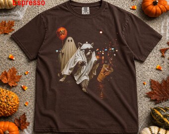 Raccoon Ghost Spooky Iced Coffee comfort color Shirt, Funny Trick Or Treat Tshirt, Cute Halloween Pumpkin Costume Top, Spooky Season Gift