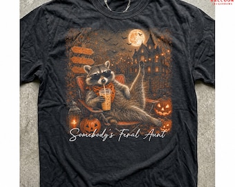 Somebody's Feral Aunt Halloween Shirt, Spooky Fall Raccoon Latte Tee, Haunted Pumpkin Moon Graphic, Comfort Colors Wild Chaotic Gift