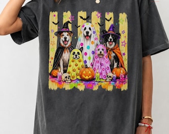 Halloween Dog Shirt, Spooky Dogs Graphic Tee, Cute Dog Lover Gift, Colorful Ghost and Witch Costume T-Shirt, Fall Pet Mom Tee