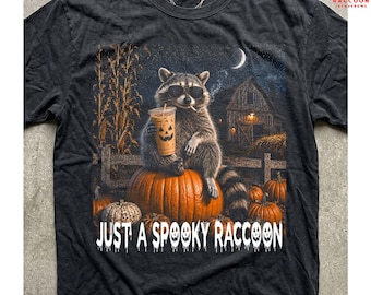 Just A Spooky Raccoon Shirt, Funny Halloween Pumpkin Tee, Trash Panda Iced Coffee Farm Design, Spooky Season Gift, Cute Animal Lover