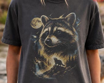 Three Raccoons Retro Graphic T-shirts, Vintage Comfort Colors Raccoon Moon Tshirt, Raccoon Lovers, Funny Raccon Tee, Oversized Washed Tee