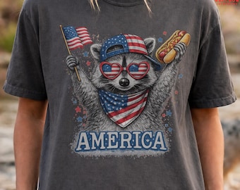 4th Of July Raccoon Comfort Colors T-shirts, Youth Adult Patriotic American Flag Tee, Retro USA Animal, Independence Day Kids, Cute Freedom