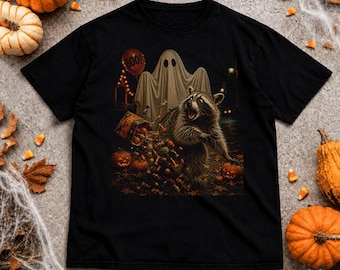 Raccoon Eating Candy Ghost Halloween comfort color Shirt, Funny Trick Or Treat Tshirt, Cute Costume Top, Spooky Season Gift, Retro Graphic