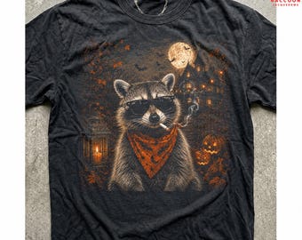 Halloween Raccoon Shirt, Trash Panda Bandana Graphic Tee, Spooky Season Sunglasses Design, Raccoon Lover Gift, Haunted House Full Moon