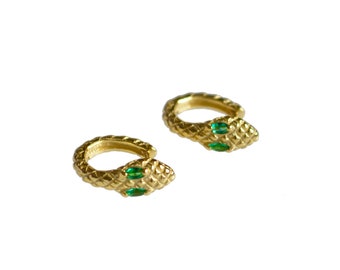 Cz snake hoops, green cz snake hoops, gold snake hoops, snake huggies, gold snake huggies, green cz hoops, green cz huggies