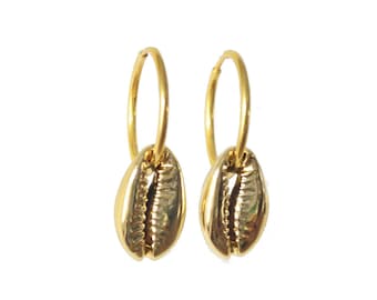 Gold cowrie hoops, cowrie earrings, shell hoops, charm hoops, gold charm hoops, gold hoops, cowrie hoops, cowrie earrings, gold cowrie hoops