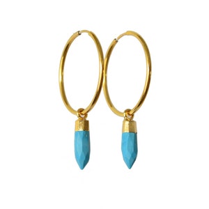 Turquoise gold hoops, turquoise hoops, turquoise earrings, turquoise creole, gold hoops, gold charm hoops, turquoise charm hoops
