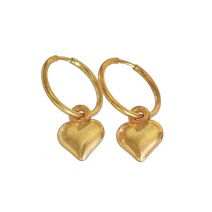 Gold charm hoops, gold hoops, gold heart hoops, heart hoops, small charm hoops, heart charm hoops, heart earrings, gold heart earrings